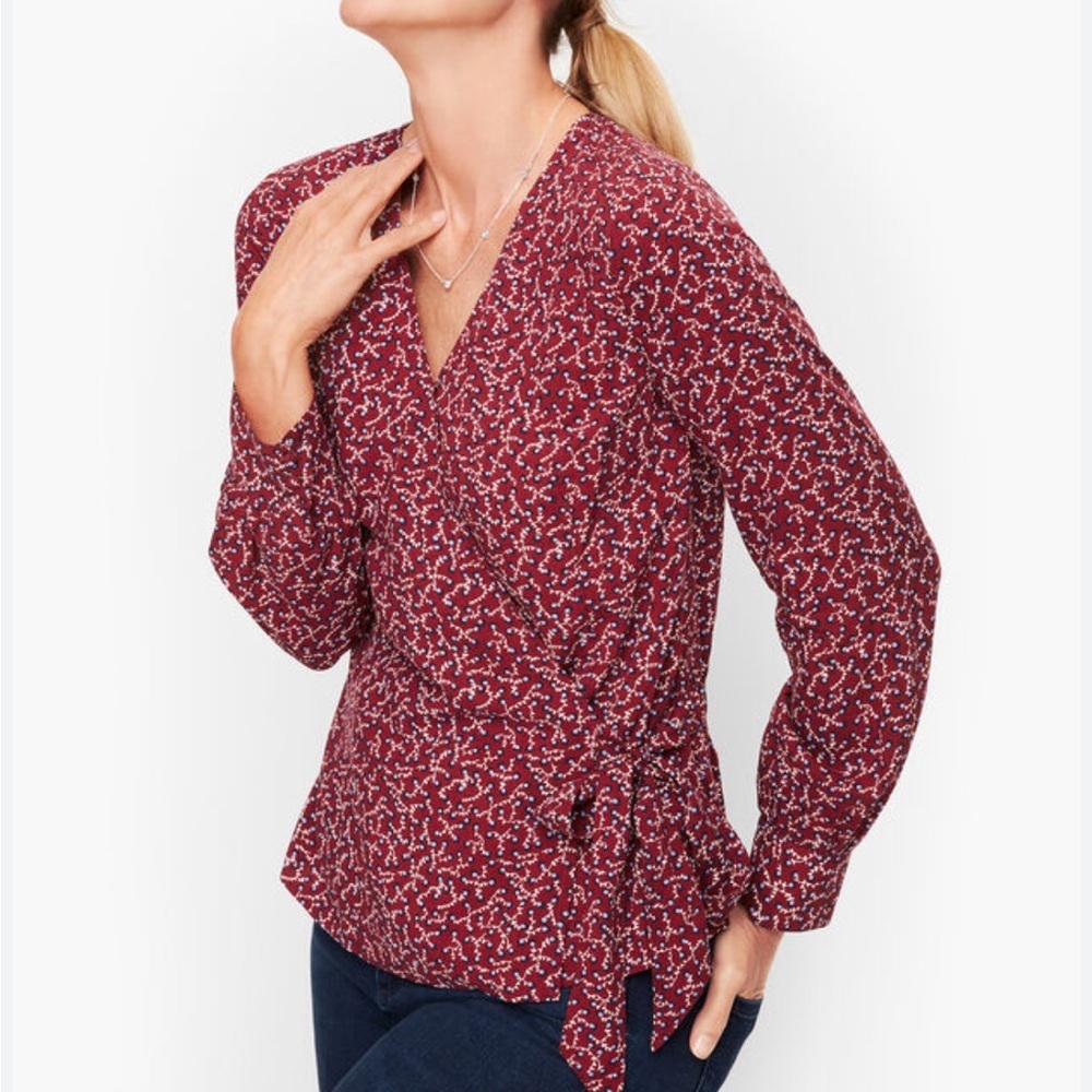 Talbots Red White, & Blue Wrap Blouse Floral Cuffed Sleeves Size: S